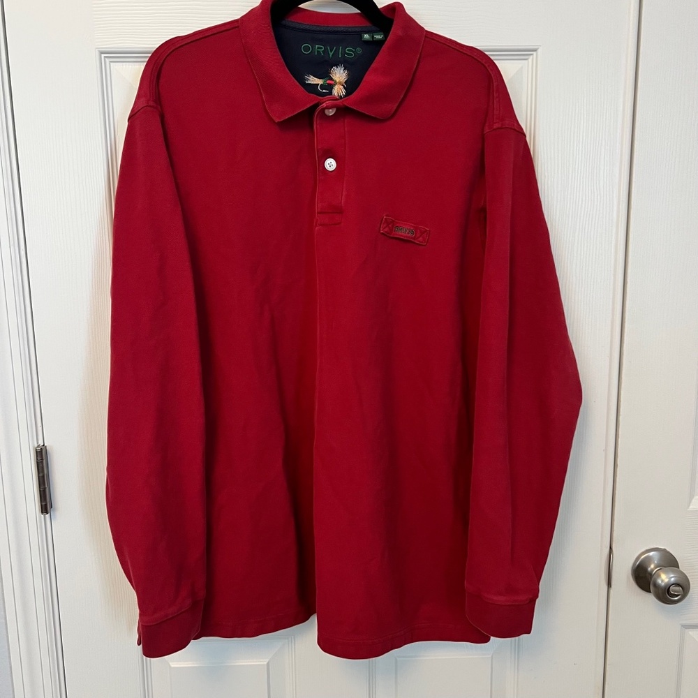 Orvis Vintage Men's Red Reinforced Cotton Long Sleeve Polo Shirt Size XL Tall